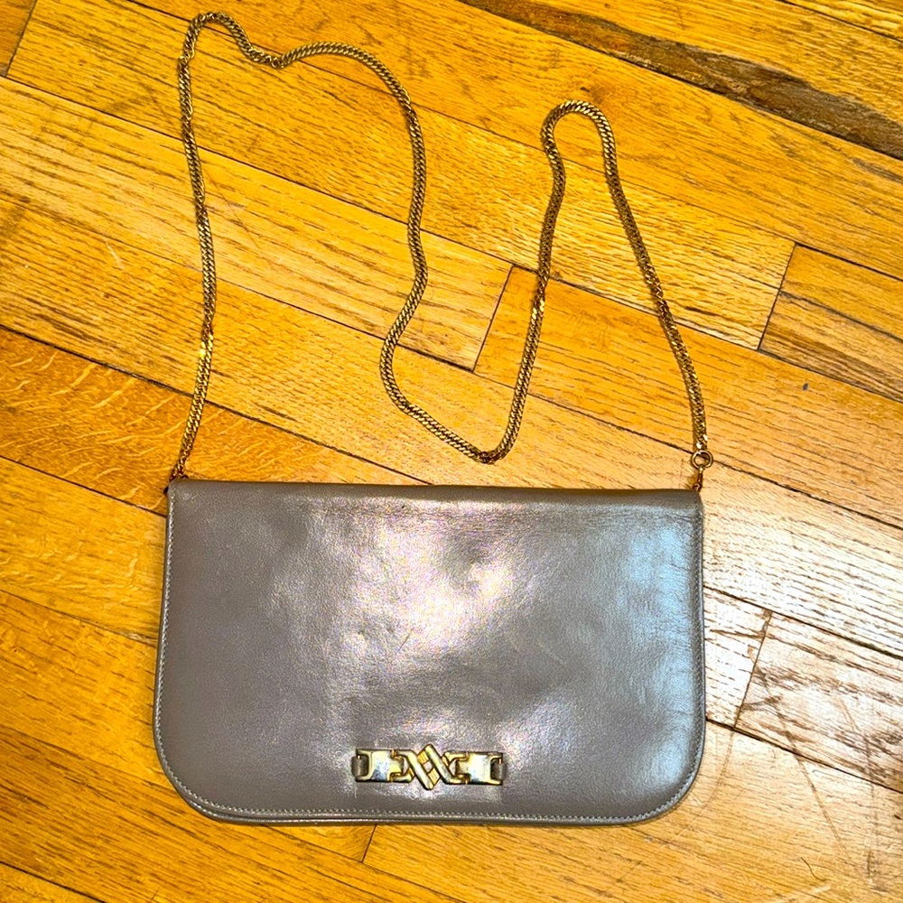Vintage Launer Gray Purse with Gold Chainlink Strap